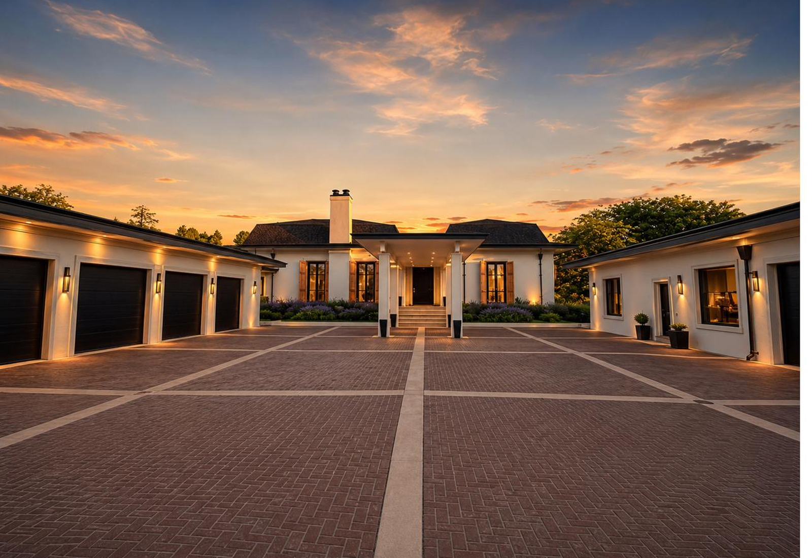 Executive guest housing estate for sale near Boise — gated courtyard at dusk