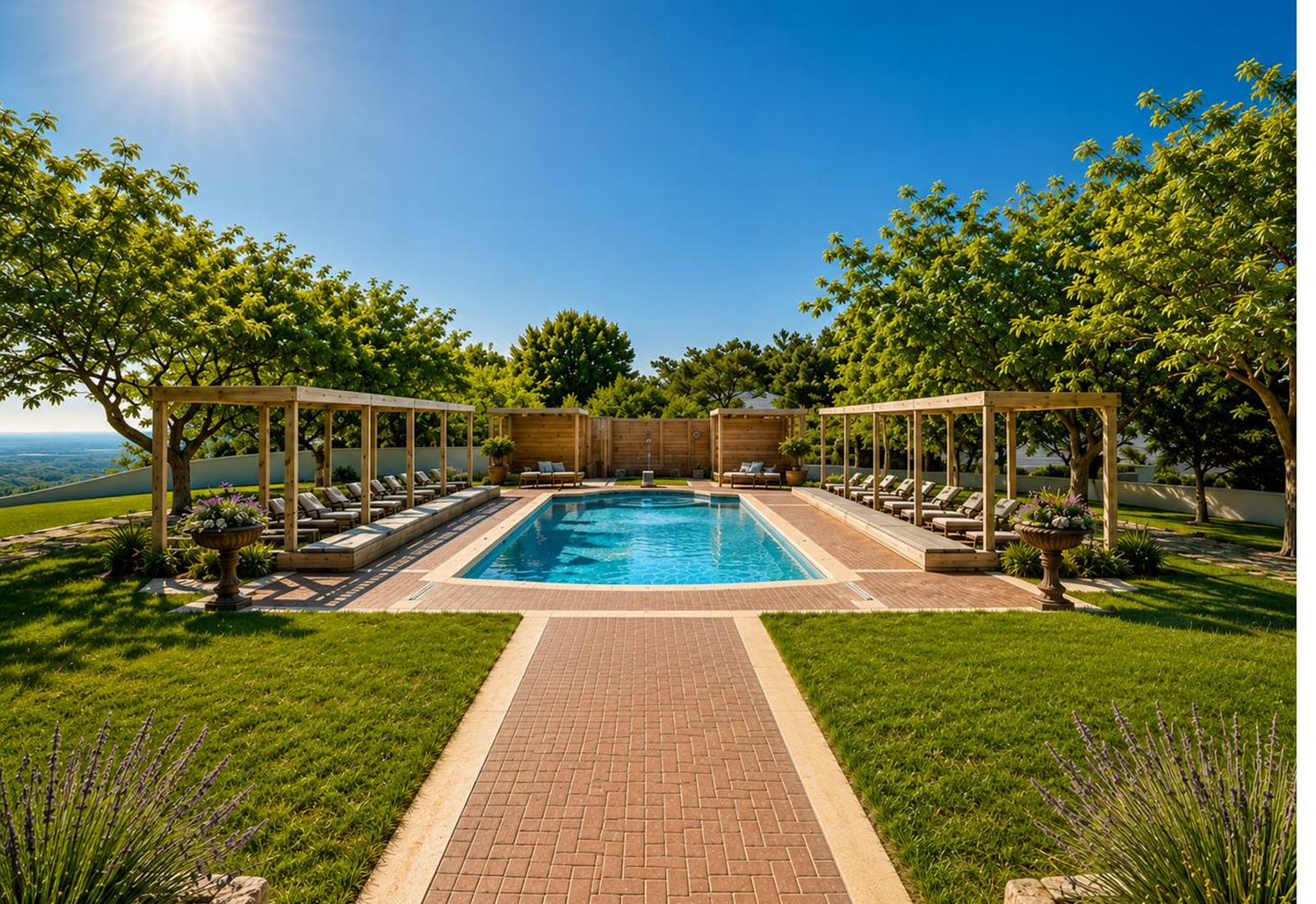 Luxury wellness retreat property for sale in Boise, Idaho — pool terrace with pergolas and foothills views