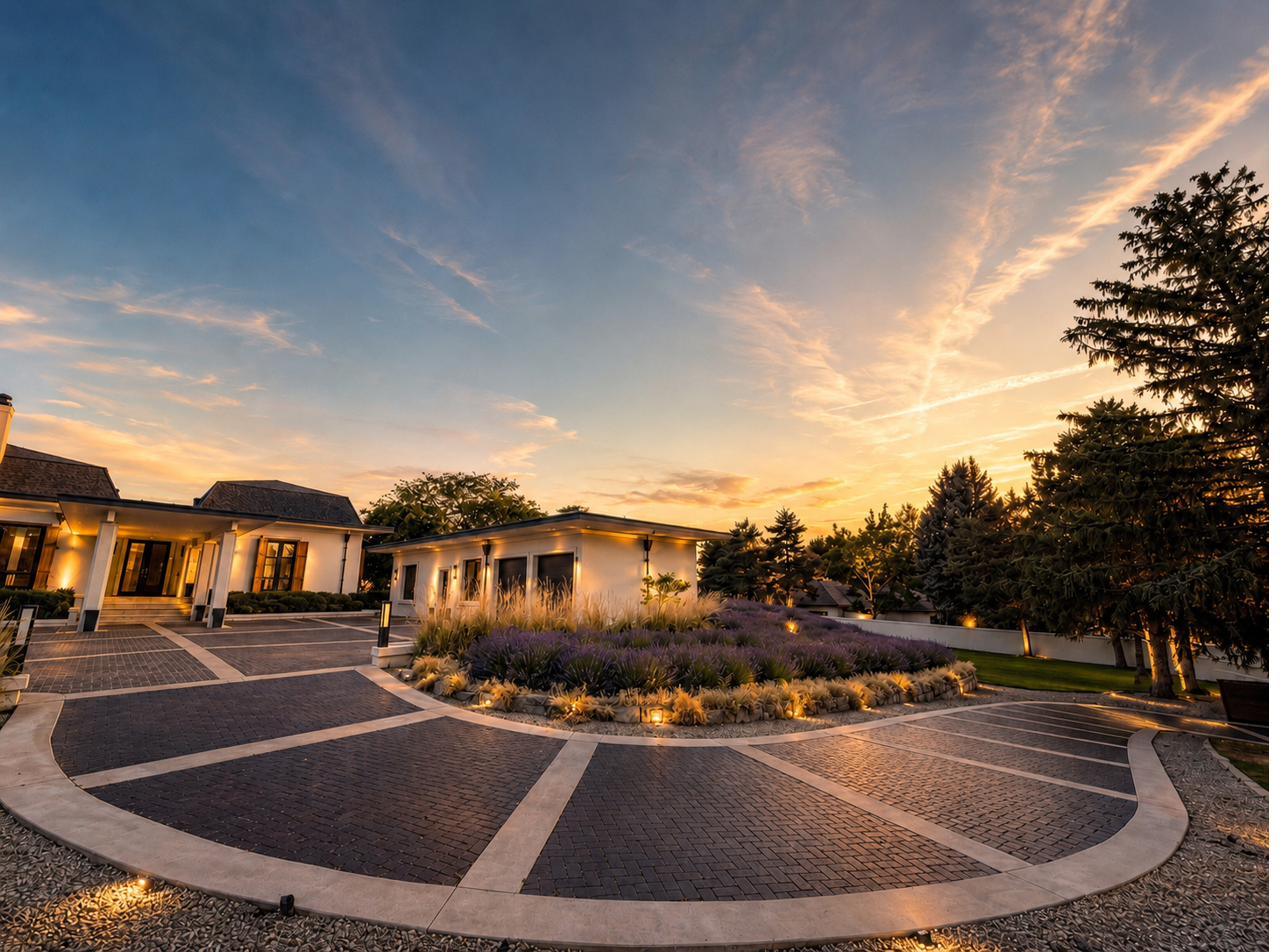 Paver motor court and garages at sunset