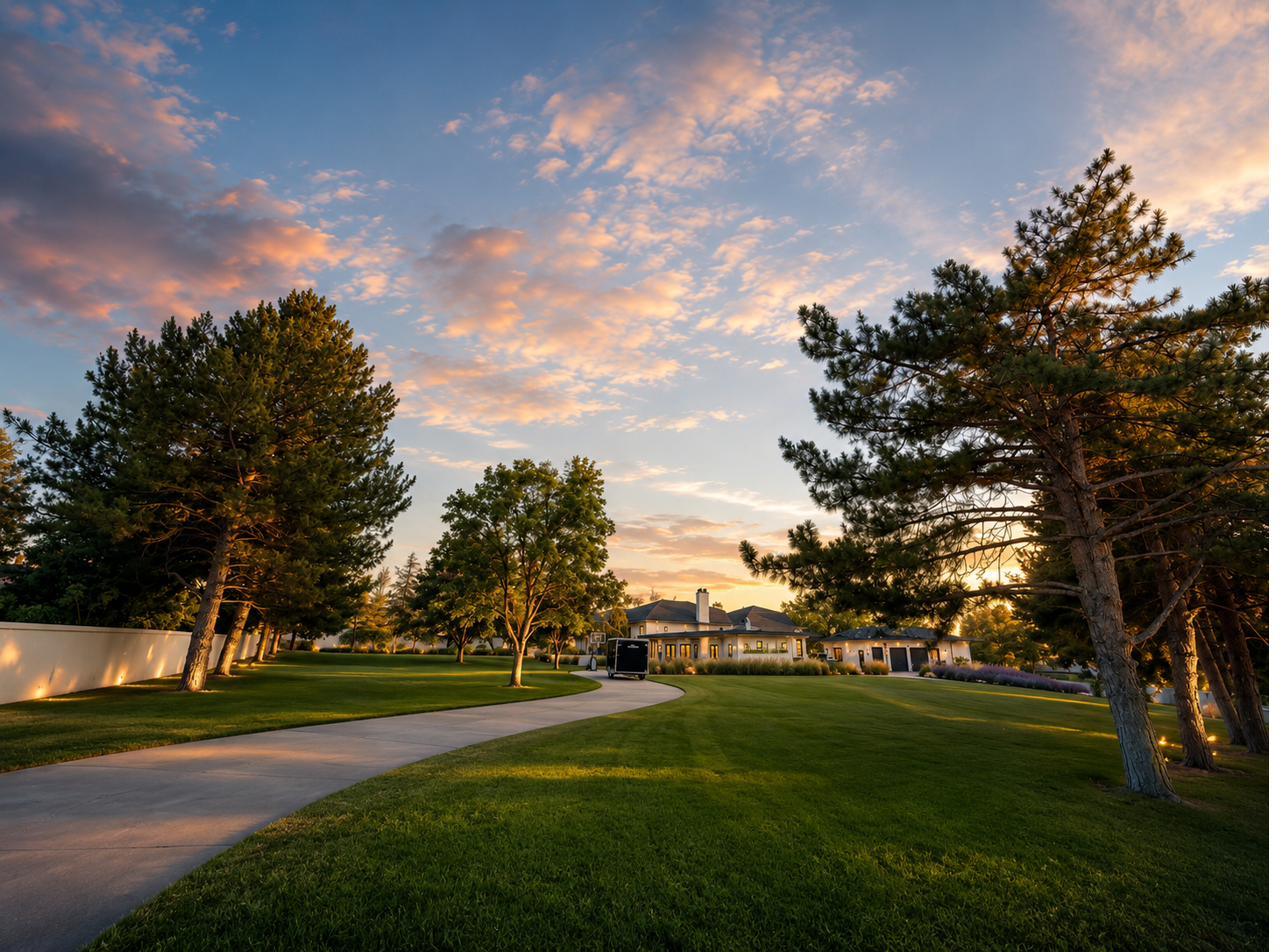 East drive roundabout with lavender gardens at dusk