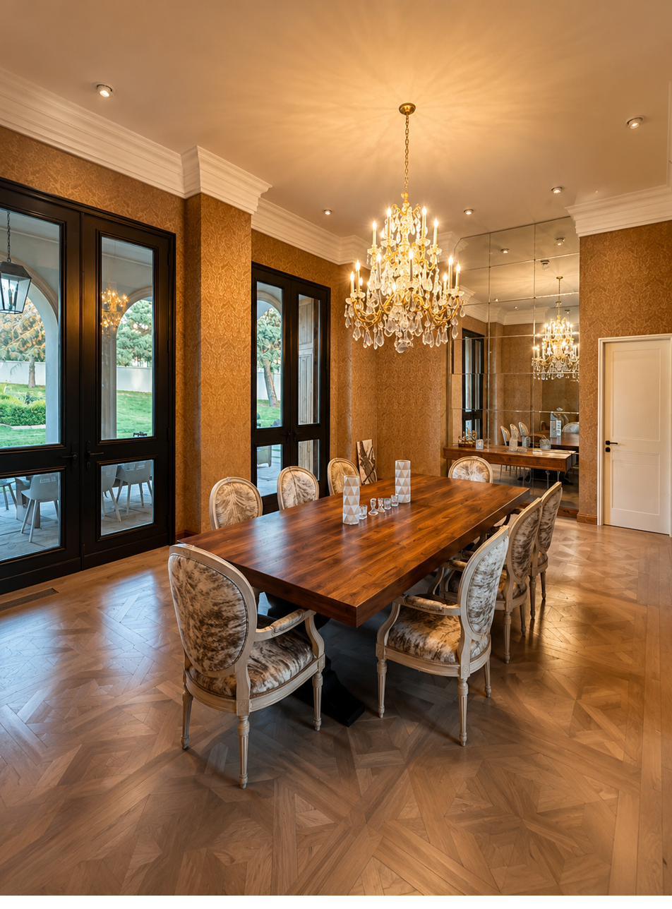 Formal dining room with crystal chandelier and parquet floor