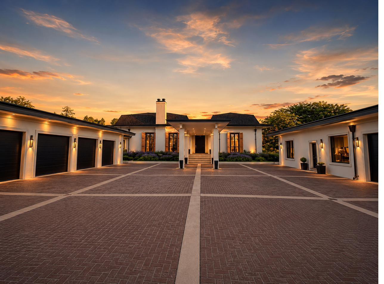 Gated entry courtyard of the walled Boise estate at dusk