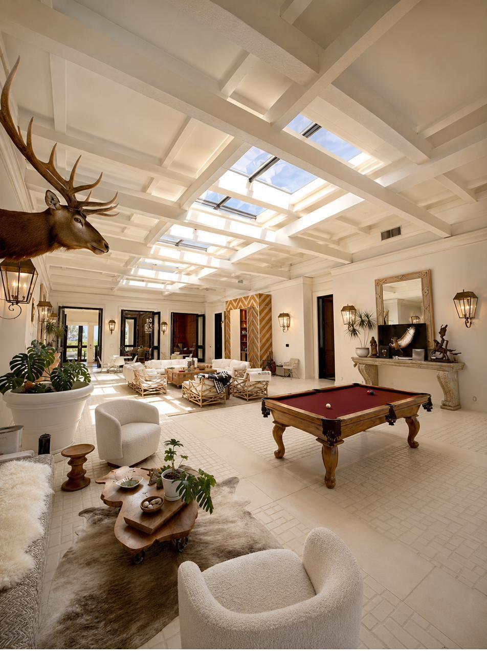 Billiards hall in the great room with lantern sconces
