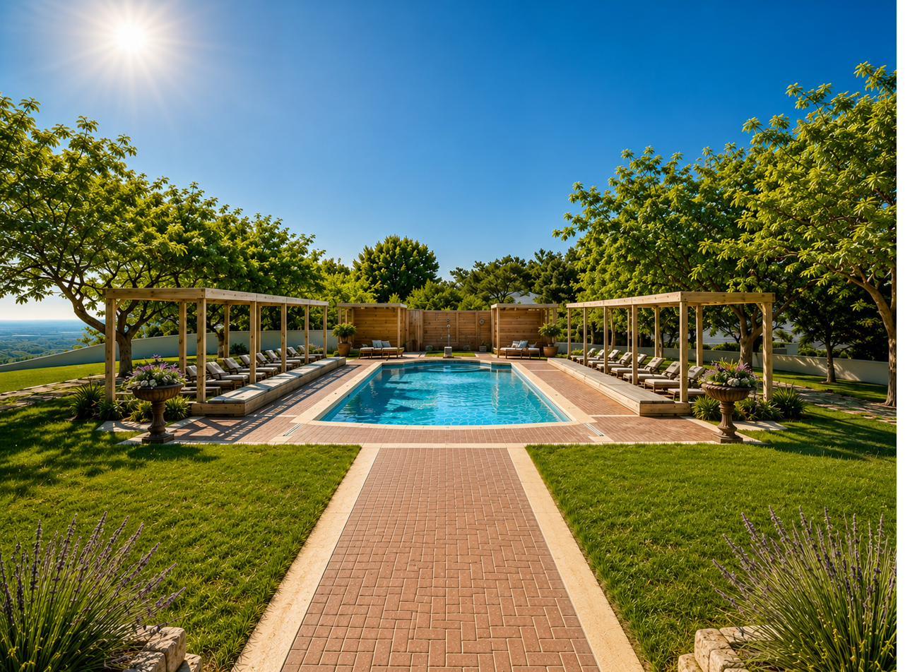 Pool terrace with pergola pavilions and valley views