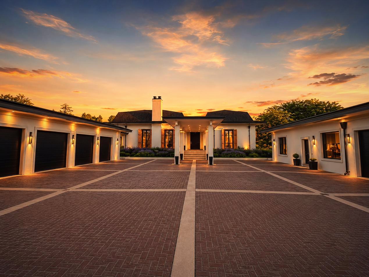 The walled entry courtyard at dusk