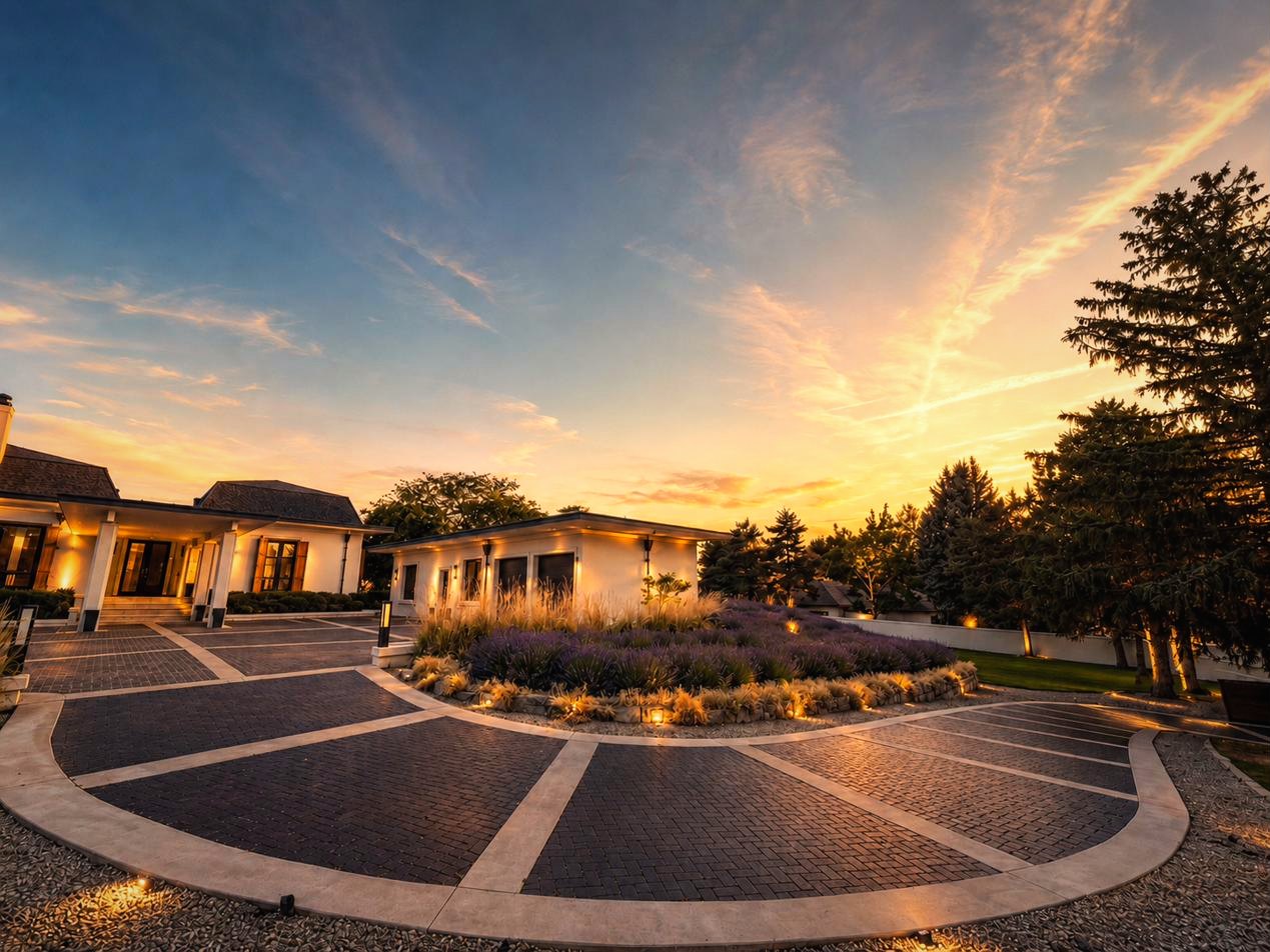 The paver motor court and front drive at sunset