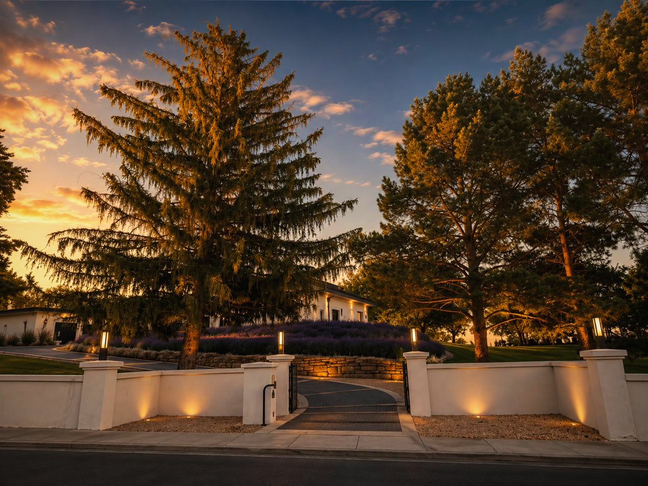 The main gate on East Table Rock Road at dusk