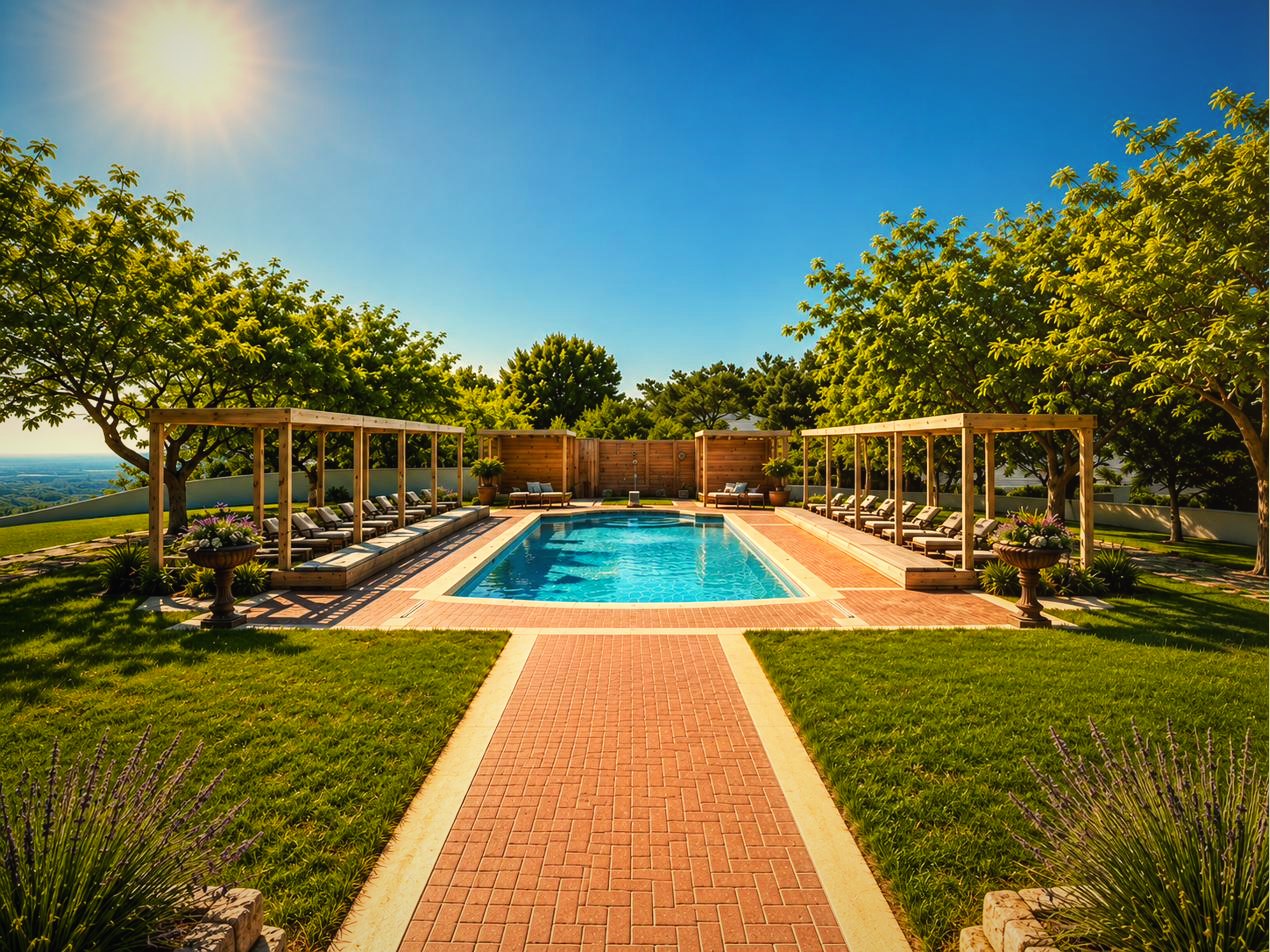 The pool court with pergolas and valley view