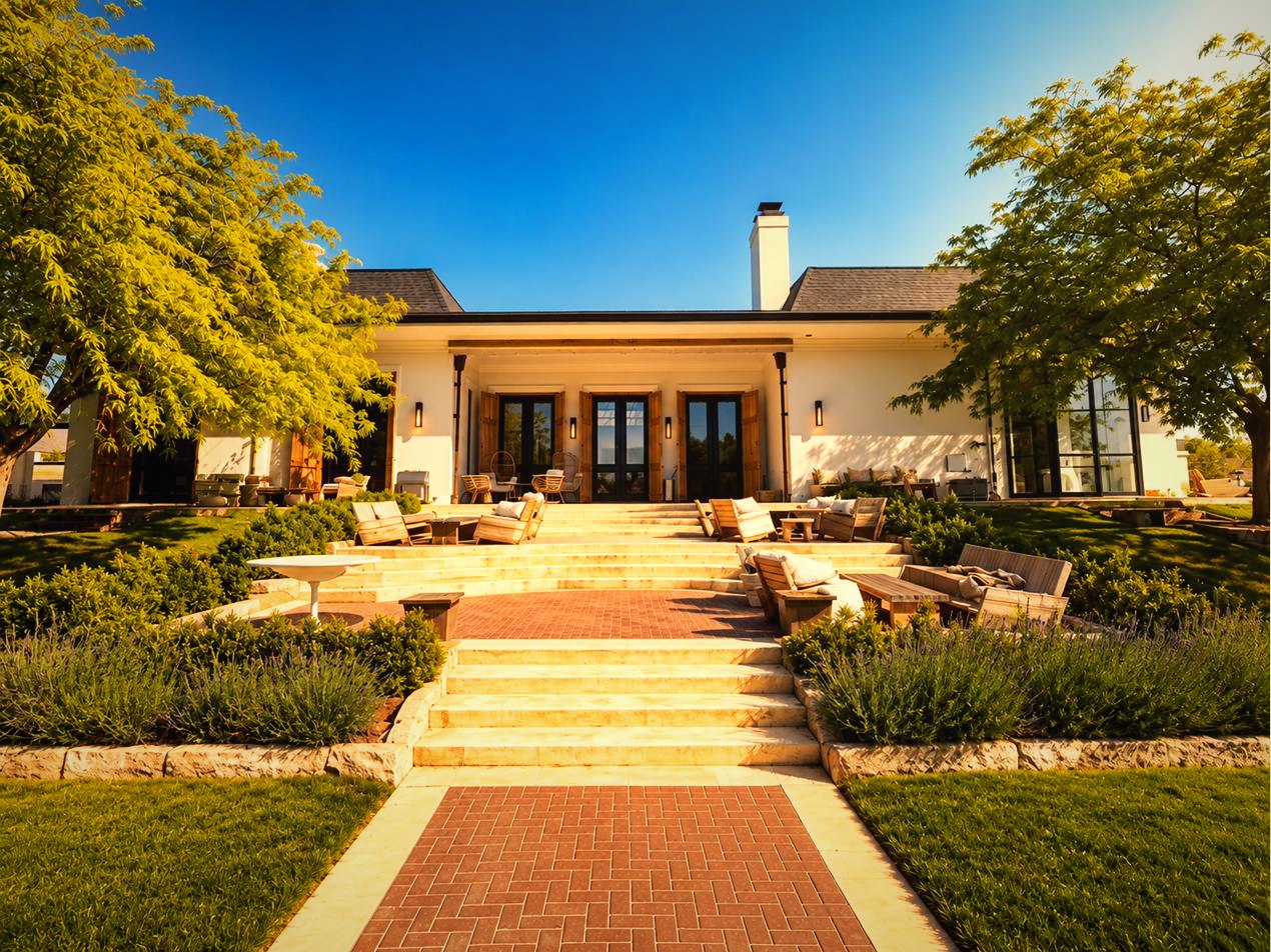The pool entrance and terraces