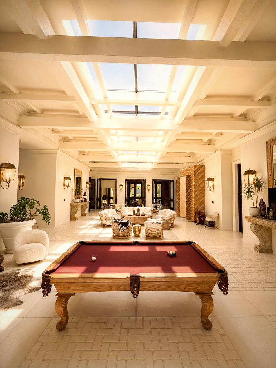 The skylit atrium looking west, with billiards and seating